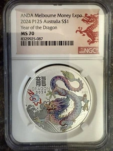 2024 ANDA Melbourne YEAR OF THE DRAGON Colorized $1 Silver Coin NGC MS-70 - Picture 1 of 2