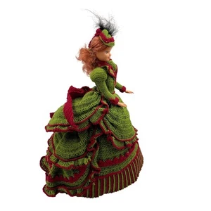 Vintage Scarlet Doll Crochet Dress Green Red Victorian Gown Handmade Barbie - Picture 1 of 10