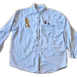 Looney Tunes Women’s Denim Shirt Size L Sylvester Tweety Warner Bros VTG - Bild 1 von 12