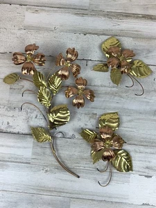 LOTTO Vintage MCM Homco Dogwood Fiori e Foglie 3D Ottone Rame Parete 3 Pezzi - Foto 1 di 7