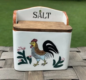 Vintage Rooster Salt Box Wall Mounted Ceramic With Wood Lid Country Farmhouse 5” - Picture 1 of 13