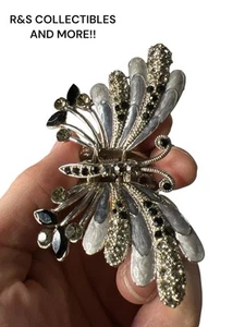 VINTAGE BUTTERFLY HAIR CLIP MARKED “NOBIESSE” WITH DIAMONDS & BLACK STONES - Picture 1 of 8