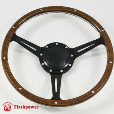 16" Black Wood Steering Wheel Jaguar MG GT MGB Midget W/Horn - Image 1 of 4