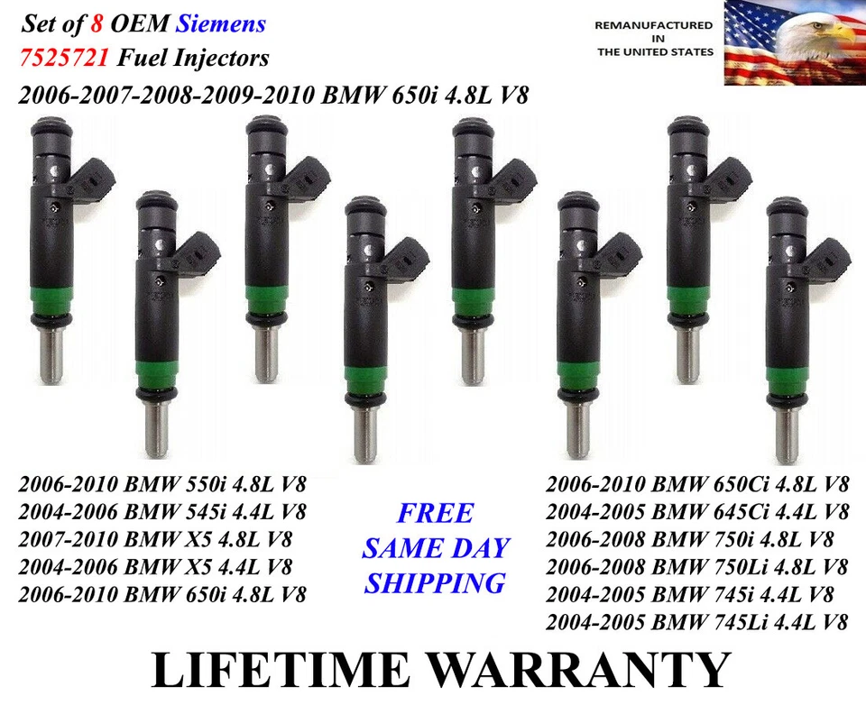 Juego de 8 inyectores de combustible originales Siemens para BMW 650i 2006-07-08-09-2010 4,8 L V8 Foto 1 de 1