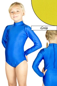 Kids Leotard Long Sleeve Collared Zip Bodysuit Yellow Stretch Shiny Leotard - Picture 1 of 1