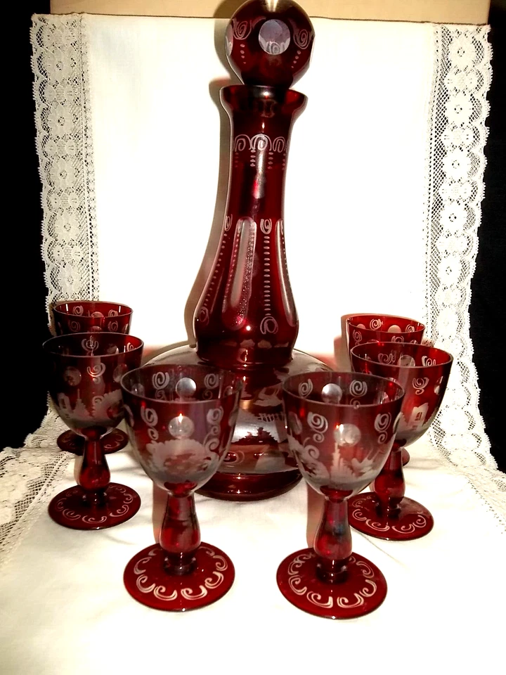 BOHEMIAN DECANTER & CORDIAL WINE GLASSES  RED RUBY CUT TO CLEAR 6 PC - Image 1 of 4