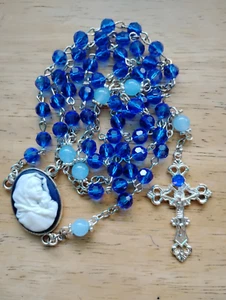 Blue Crystal +Aquamarine Gemstone Rosary Beads 6mm Madonna child cameo center - Picture 1 of 8