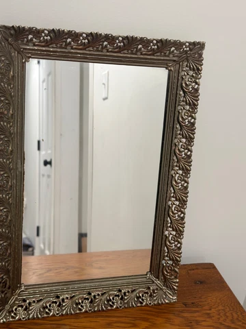 Vintage Ornate Gold Metal Mirror 16x11 Velvet Backing. Very Pretty Flower Design Cover