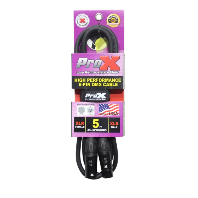 ProX XC-5PDMX05 5ft 5-Pin Male to 5-Pin Female DMX Cable - Black