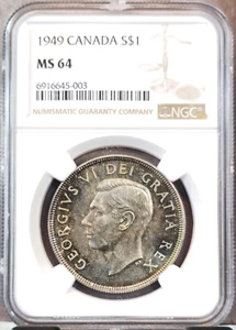 1949 CANADA SILVER 1 DOLLAR $1 FLOREAT TERRA NOVA NGC MS 64 NICE COLOR TONING - Picture 1 of 7