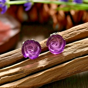 Natural Amethyst Rose Shape Stud Earrings Healing Crystal Flower Carved Jewelry - Picture 1 of 3