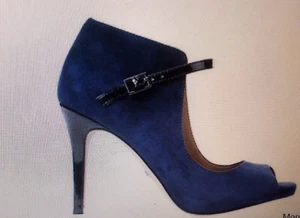 Ann Taylor 9 Blue Suede Peep Toe Patent Ankle Strap Stilettos Colette Heels Shoe - Picture 1 of 17