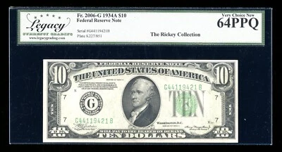 DBR 1934-A $10 FRN Chicago Fr. 2006-G Legacy 64 PPQ Serial G44119421B - Image 1 of 2
