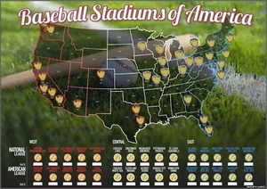 Baseball Stadiums American Scratch Off Map | List National & Major League Teams - Picture 1 of 8