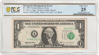 1995 $1  FRN ~ OVERPRINT MISALIGNMENT ERROR  ~ High Serial # A 94972220 L ✔ - Image 1 of 3