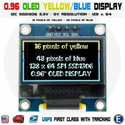 0.96" I2C IIC 128X64 LED OLED LCD  Display Arduino Yellow Blue Color SSD1306 - Image 1 of 4