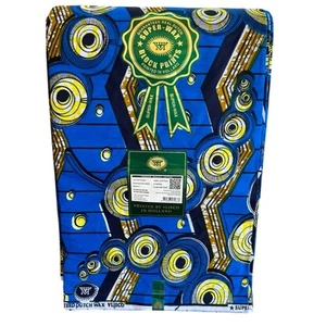 Vlisco Holland Wax Dutch Block prints Fabric - 6 Yards Blue Yellow Black - Picture 1 of 5