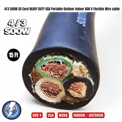 4/3 SOOW SO Cord 15 ft HD USA Portable Outdoor Indoor 600 V Flexible Wire cable - Image 1 of 3