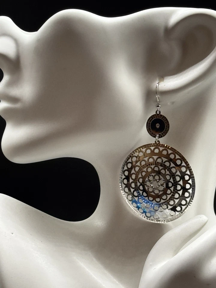 Milor Italy Bronze Filigree Drop Earrings Crystal Accents Modern Pierced - Image 1 of 4