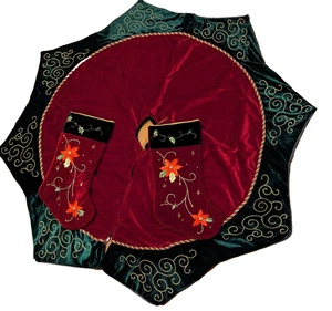 Velvet Burgundy Green Embroidered 52" Christmas Tree Skirt and 2 Stockings - Picture 1 of 8