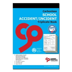 Cherry NCR School Accident/Incident Report GDPR Triplicate Book A5 50 Sets - Picture 1 of 3