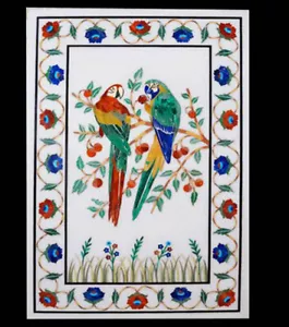 Rectangle White Marble Dining Table Precious Stone Inlay Arts Parrot Design Deco - Picture 1 of 7