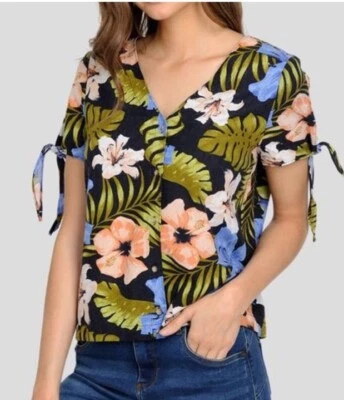 Camisa Vero Moda Melfie Milo Tropical Estampado Hawaiano Pequeña Cuello en V Botón Lino Foto 1 de 4