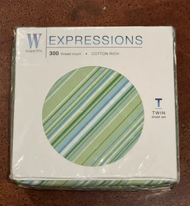 Wamsutta Expressions Chevron Kelly Green Stripes Twin Sheet Set 300 Count Cotton - Picture 1 of 11