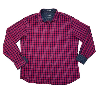 Bugatchi Uomo Shirt Mens XXL 2XL Navy Fushia Cotton Flip Cuff Shaped Fit Plaid - Image 1 of 4