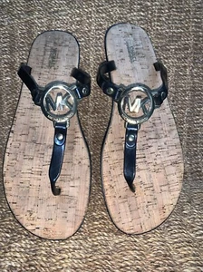MK Michael Kors Gold Logo Jelly Flip Flop Cork Sandals Womens Size 11 Black - Picture 1 of 5