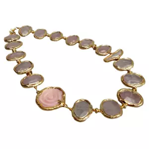 Natural Rose Quartz Faceted Pink Sea Shell Flower White Biwa Pearl Necklace - Picture 1 of 6