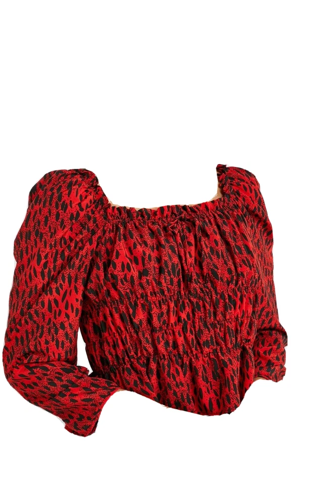 Topshop PETITE Red/Black Animal Print Shirred 3/4 Sleeve Top Size UK 4 - Image 1 of 1
