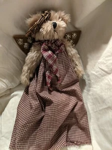 Jointed Plush Angel Teddy Bear In Gingham Dress With Wooden Wings 14" Long  - Picture 1 of 5