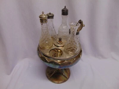 Plato Plata Condimento Cruet Caddy Soporte con 5 frascos de vidrio 7" redondo 9" de alto Foto 1 de 4