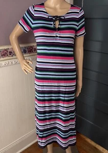 Lauren Ralph Lauren Dress Medium Striped Pink Blue Green Casual Midi 100% Cotton - Picture 1 of 12