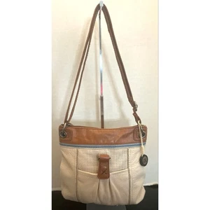 The Sak Kendra Leder Umhängetasche creme braun blau verstellbarer Riemen 11”x10” - Bild 1 von 11