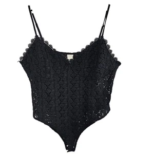 H&M Crochet Lace Bodysuit Womens XXL Black Floral V-Neck Adjustable Whimsygoth - Picture 1 of 10