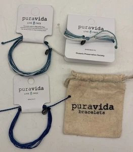 Menge 3 Puravide LIVE FREE Seil Armbänder blau türkis weiß. Verstellbar Neu mit Etikett - Bild 1 von 9