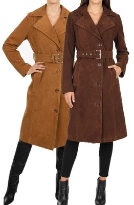 Women's Fine Goat Suede Long Trench Coat Below Knee Length, Belted Waist Jacket - Image 1 of 3