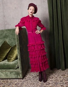 Alice + Olivia Raspberry Lace Ruffle Carmina Midi Dress Size 12 Cotton Blend - Picture 1 of 13