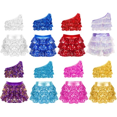 Kids Girls Crop Tops And Skirt Set Carnival Vests With Skirts Ballroom Latin - Image 1 of 3