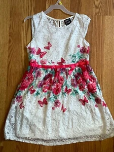 Lace Party Dress, Cap Sleeves, White with Floral Butterfly Print 10/12, or 14/16 - Picture 1 of 5