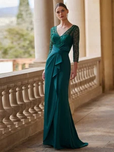 Exquisito Vestido Madre de la Novia Sirena Cuello en V Encaje Plisado Lentejuelas - Imagen 1 de 7