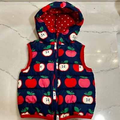 Chaleco Gymboree Niñas Puffer Manzana Con Capucha 12-18 Mos Rojo Azul Marino Lunares Cremallera Foto 1 de 4