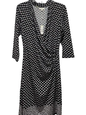 Max Studio Faux Wrap Black Floral Print Dress Ruched 3/4 Sleeve Size M NWT - Image 1 of 4