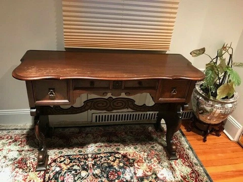 1900s ANTIQUE ORIENTAL  MAHOGANY SMALL WRITING/OFFICE DESK w/ UNIQUE FISH DESIGN Cover
