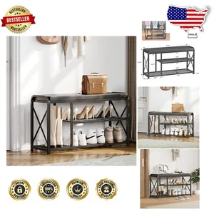 Sturdy Black Entryway Shoe Bench with 3-Tier Storage & Comfortable Cushion - Picture 1 of 11
