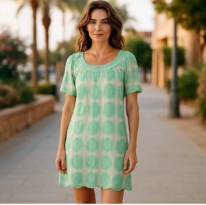 Cato Dress Women Small Green Beige Floral Lined Scoop Neck Short Sleeve Lace - Picture 1 of 7