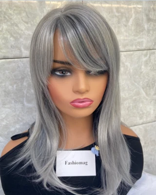 Pelucas de cabello sintéticas largas lactas grises mezcla con flequillo para mujeres suaves naturales Foto 1 de 4