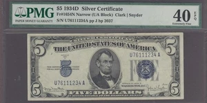 1934 D Siver Certificate $5 Dollar Note Fr#1654N Narrow (UA Block) PMG 40EPQ - Picture 1 of 2